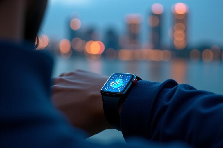 Modern smartwatch on a wrist, displaying a crisp interface, with blurred city lights of Singapore in the background