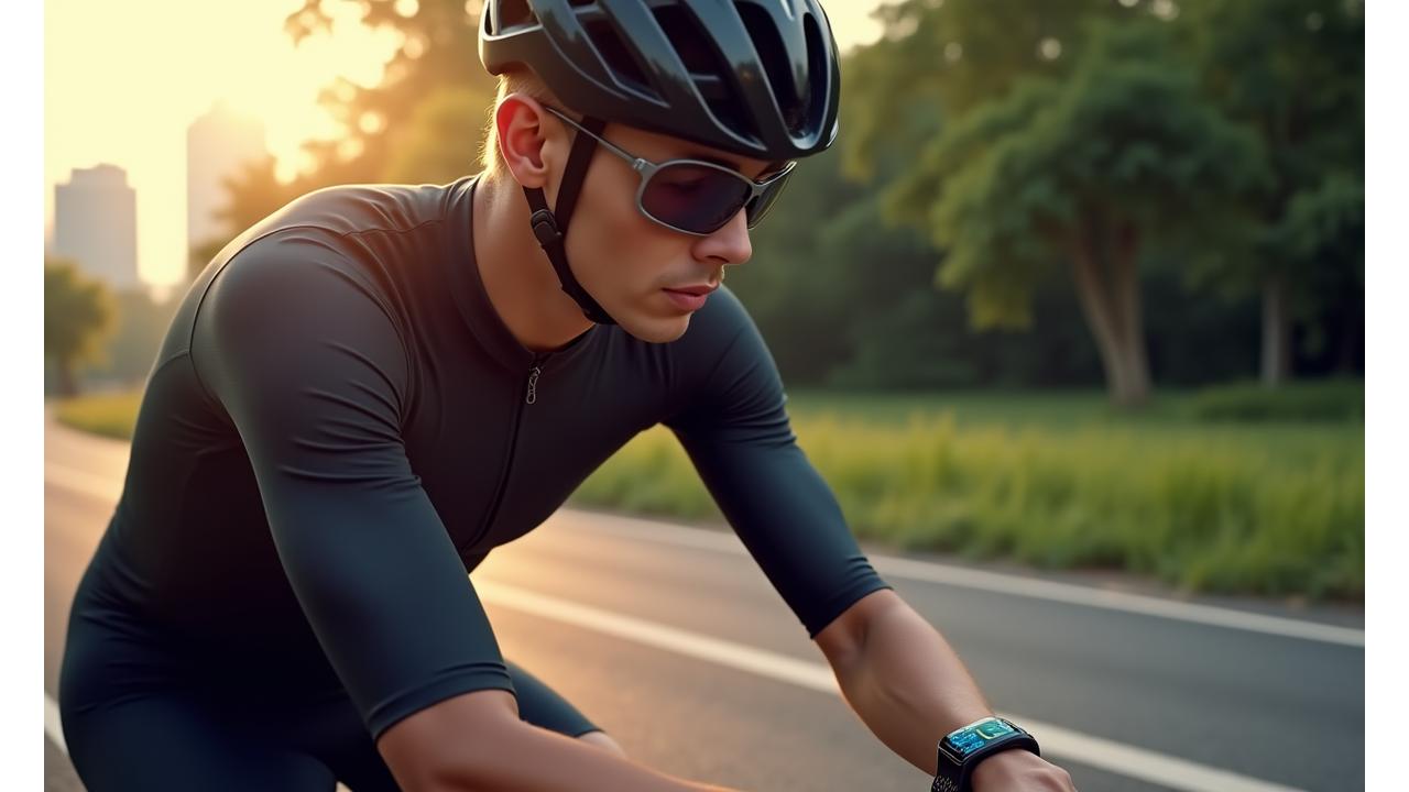 Dynamic shot of a cyclist intensely focused on his Singapore Smartwatch displaying real-time performance metrics while riding along Singapore's scenic East Coast Park Connector, with city skyline in background.