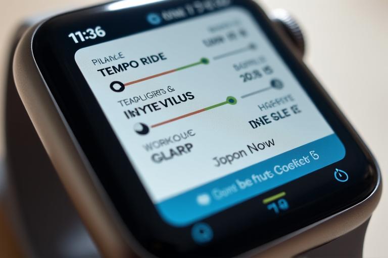 Close-up of a smartwatch screen displaying a personalized cycling training plan with progress bars, scheduled workouts, and performance trends.