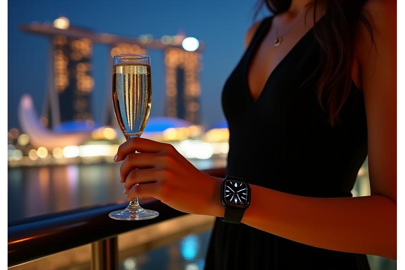 An elegant individual wearing a premium smartwatch at a sophisticated evening social gathering in a luxurious rooftop bar overlooking Singapore's Marina Bay