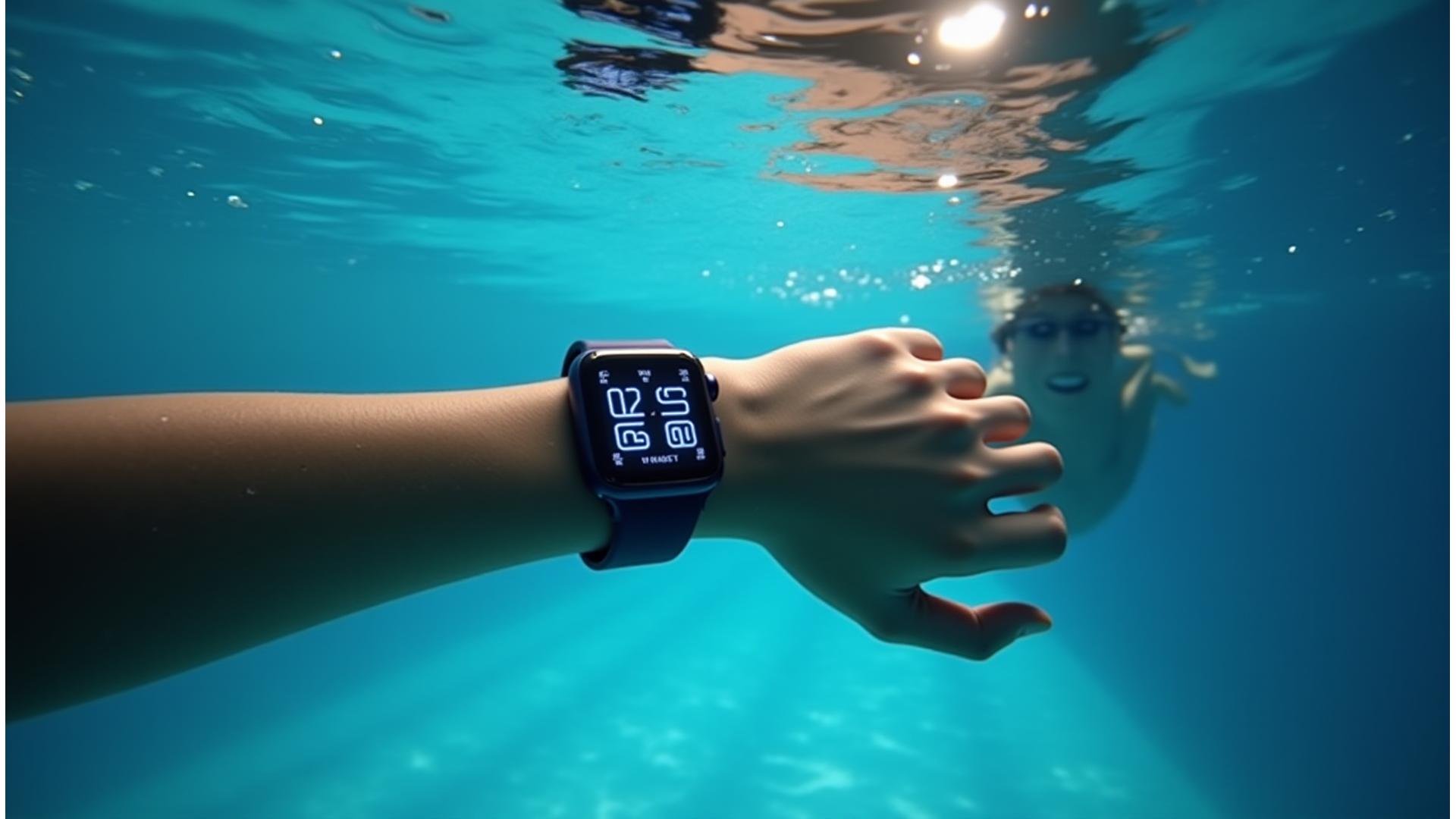 Swimmer with Singapore Smartwatch in a clear blue pool, water droplets catching light.