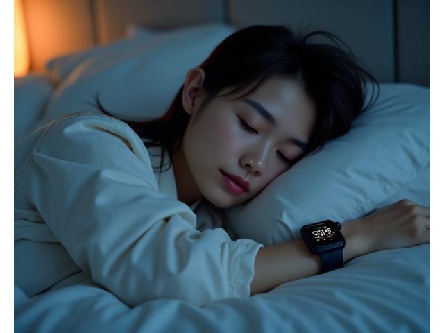 Woman sleeping peacefully with a smartwatch on her wrist, showing a sleep quality analysis on its screen, in a dimly lit, comfortable bedroom.